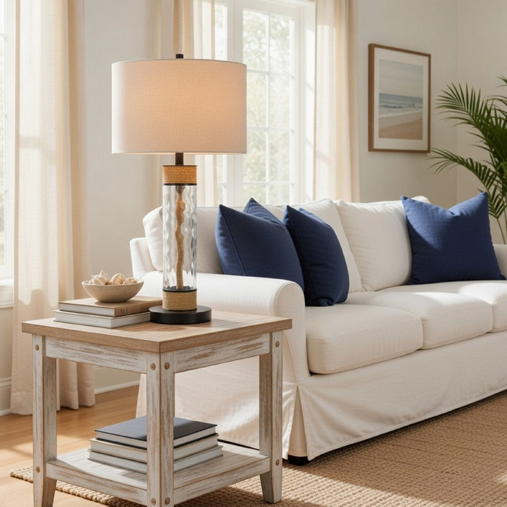 32" Table Lamp | Rippled Glass Body with Rope Accents | Burlap Shade | Metal Base