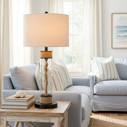 32" Table Lamp | Rippled Glass Body with Rope Accents | Burlap Shade | Metal Base