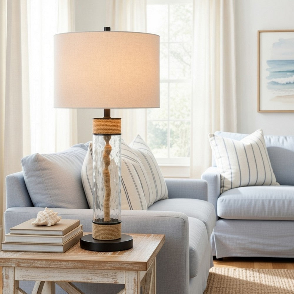 32" Table Lamp | Rippled Glass Body with Rope Accents | Burlap Shade | Metal Base