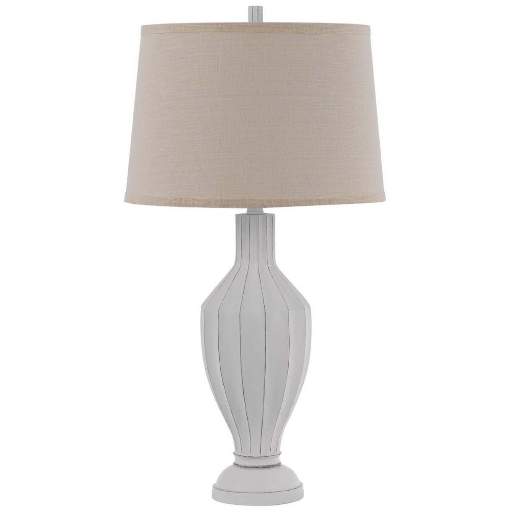 31" Table Lamp | Faceted Urn Body | Brown Shade | Weathered White Resin