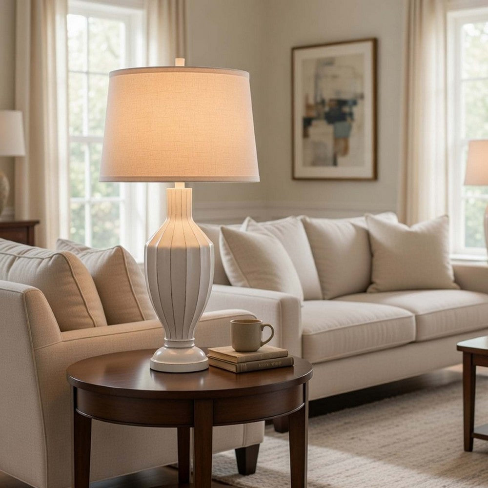 31" Table Lamp | Faceted Urn Body | Brown Shade | Weathered White Resin
