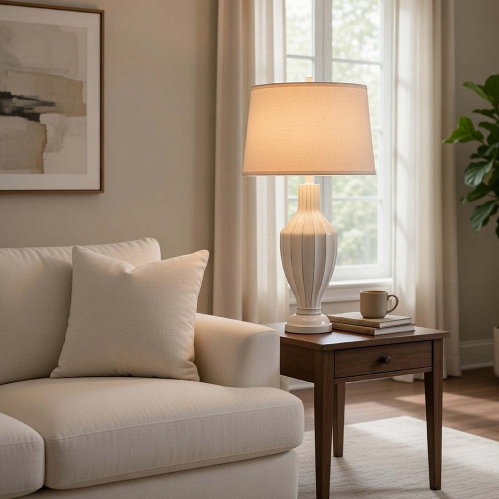 31" Table Lamp | Faceted Urn Body | Brown Shade | Weathered White Resin