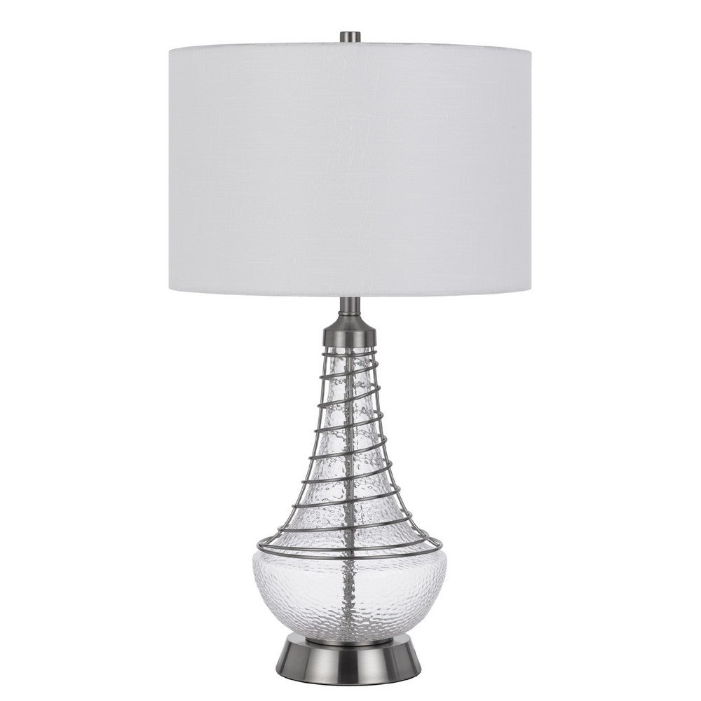 Table Lamp | Tapered Corkscrew Glass Body with Wire Accent | Brushed Steel
