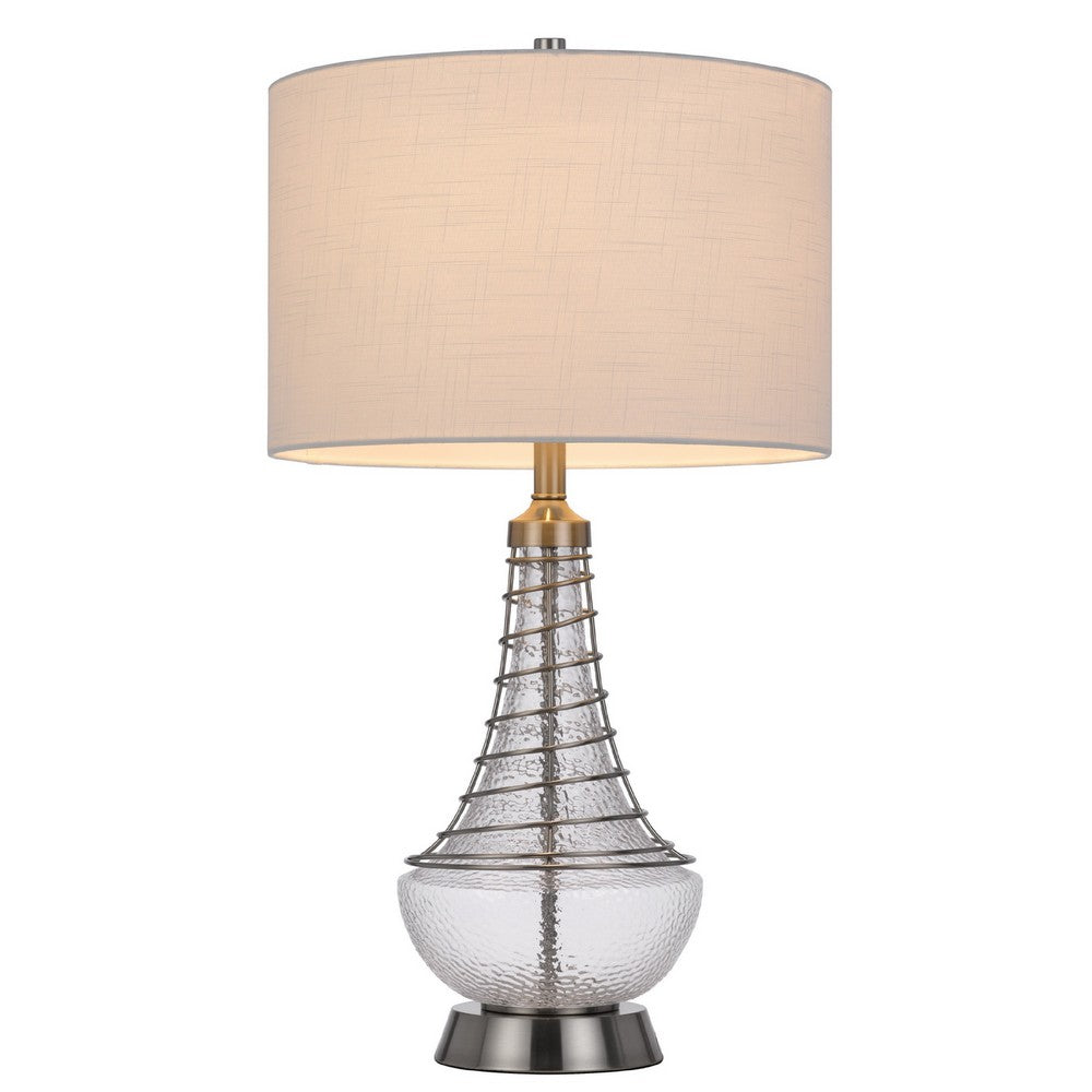 Table Lamp | Tapered Corkscrew Glass Body with Wire Accent | Brushed Steel