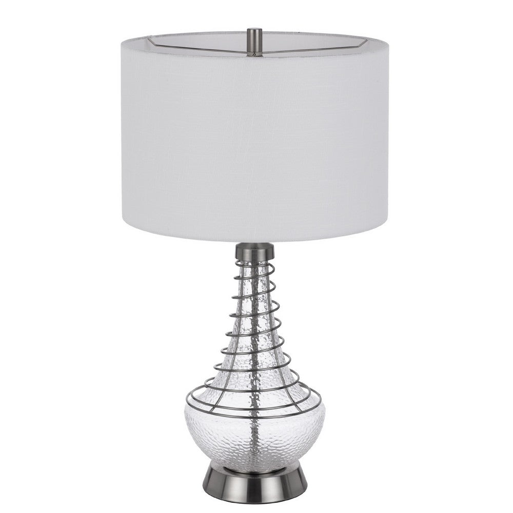 Table Lamp | Tapered Corkscrew Glass Body with Wire Accent | Brushed Steel