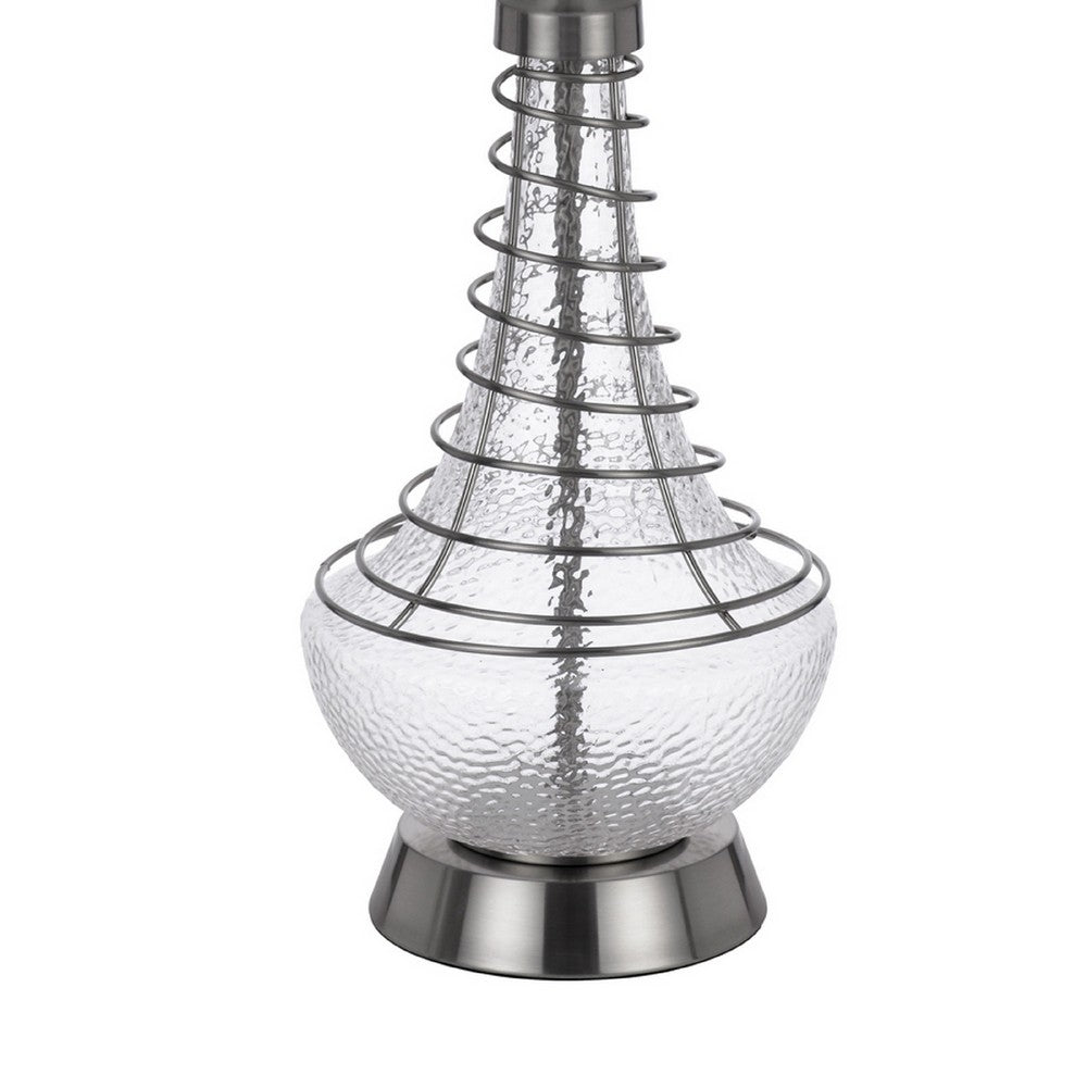 Table Lamp | Tapered Corkscrew Glass Body with Wire Accent | Brushed Steel