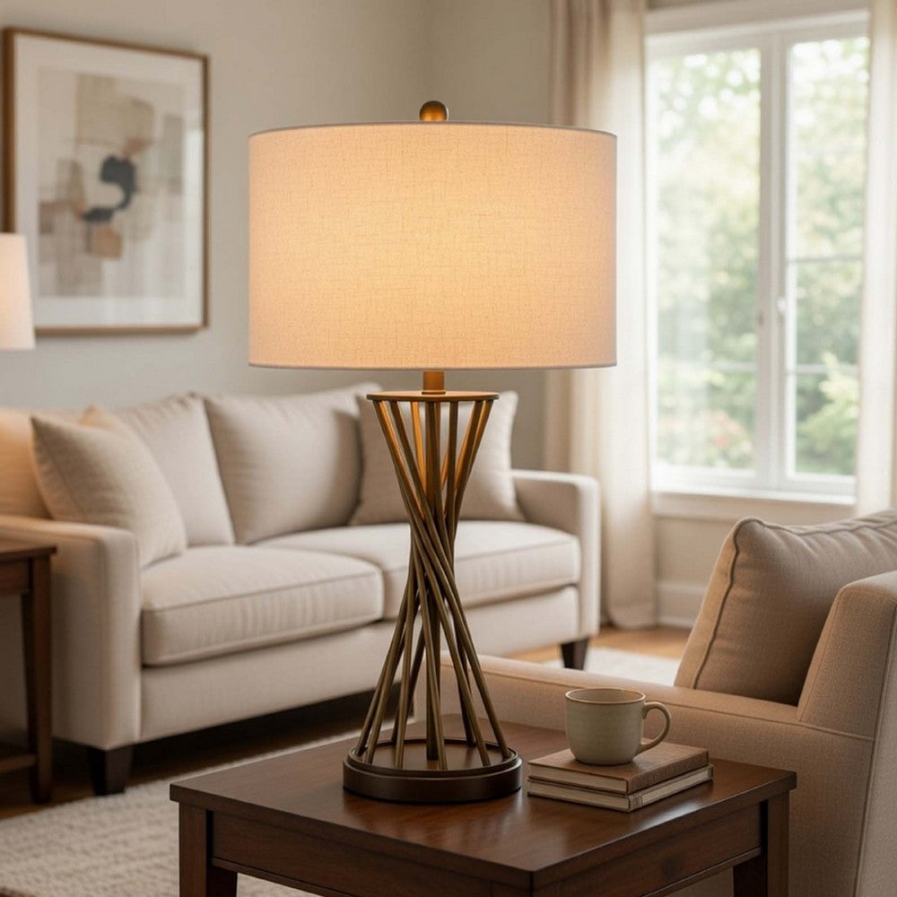 Table Lamp | Twisted Hourglass Gold Base | Light Brown Shade | 31"