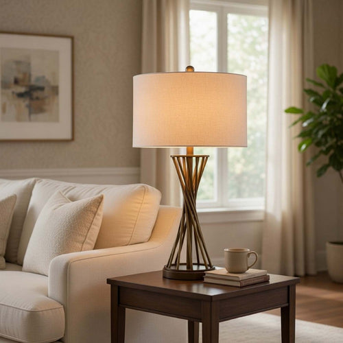 Table Lamp | Twisted Hourglass Gold Base | Light Brown Shade | 31"