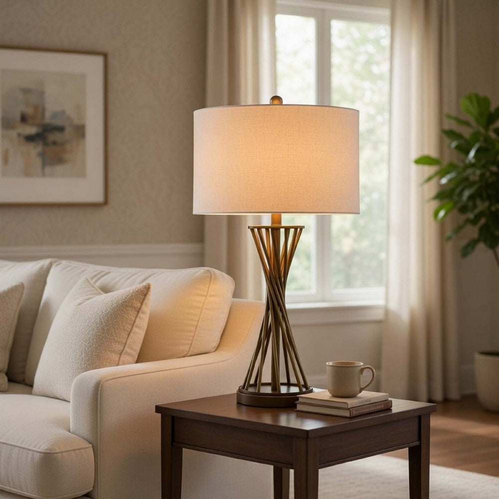 Table Lamp | Twisted Hourglass Gold Base | Light Brown Shade | 31"