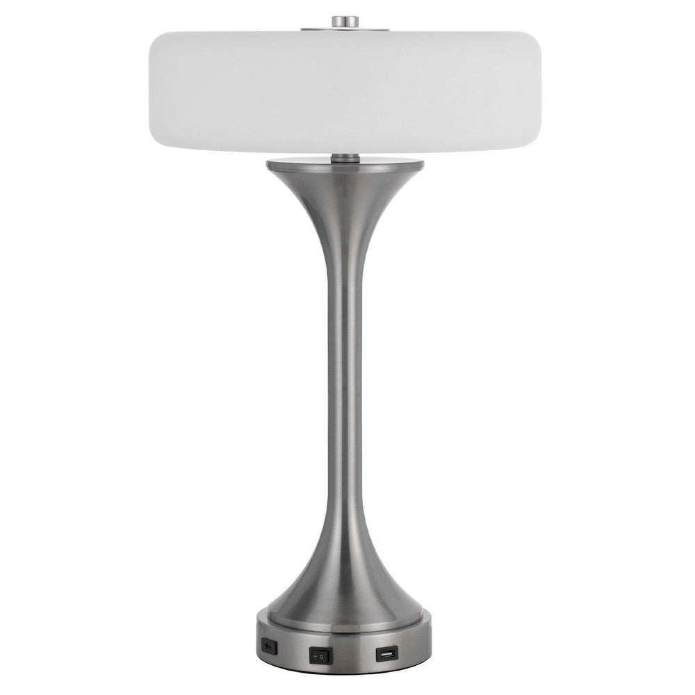 Table Lamp | USB Ports | Frosted White Glass Shade | 22" Brushed Steel