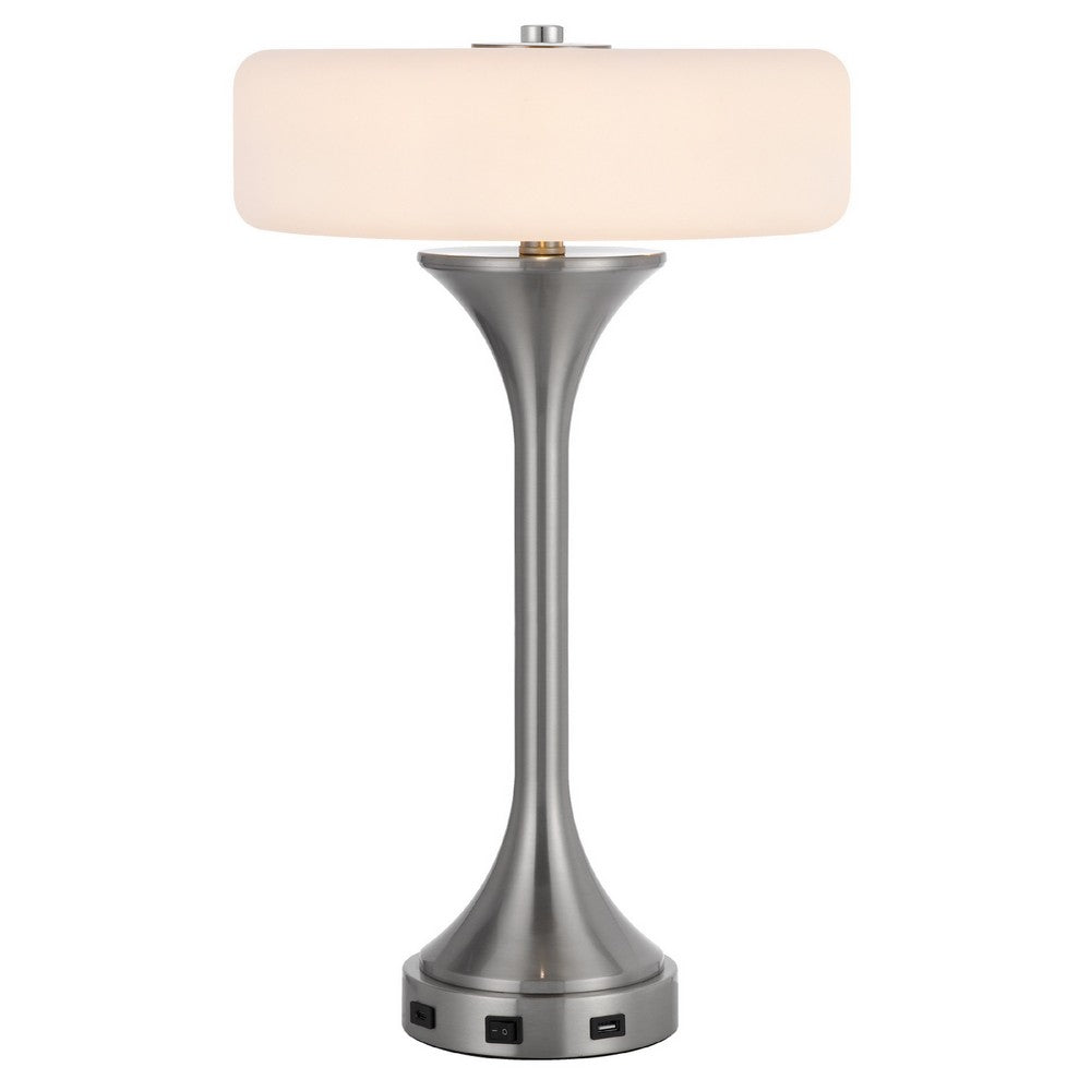 Table Lamp | USB Ports | Frosted White Glass Shade | 22" Brushed Steel