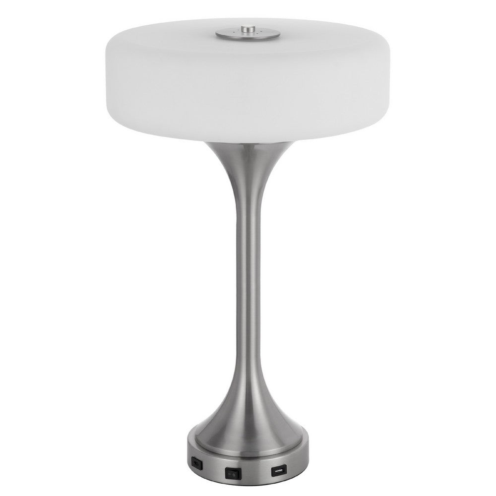 Table Lamp | USB Ports | Frosted White Glass Shade | 22" Brushed Steel