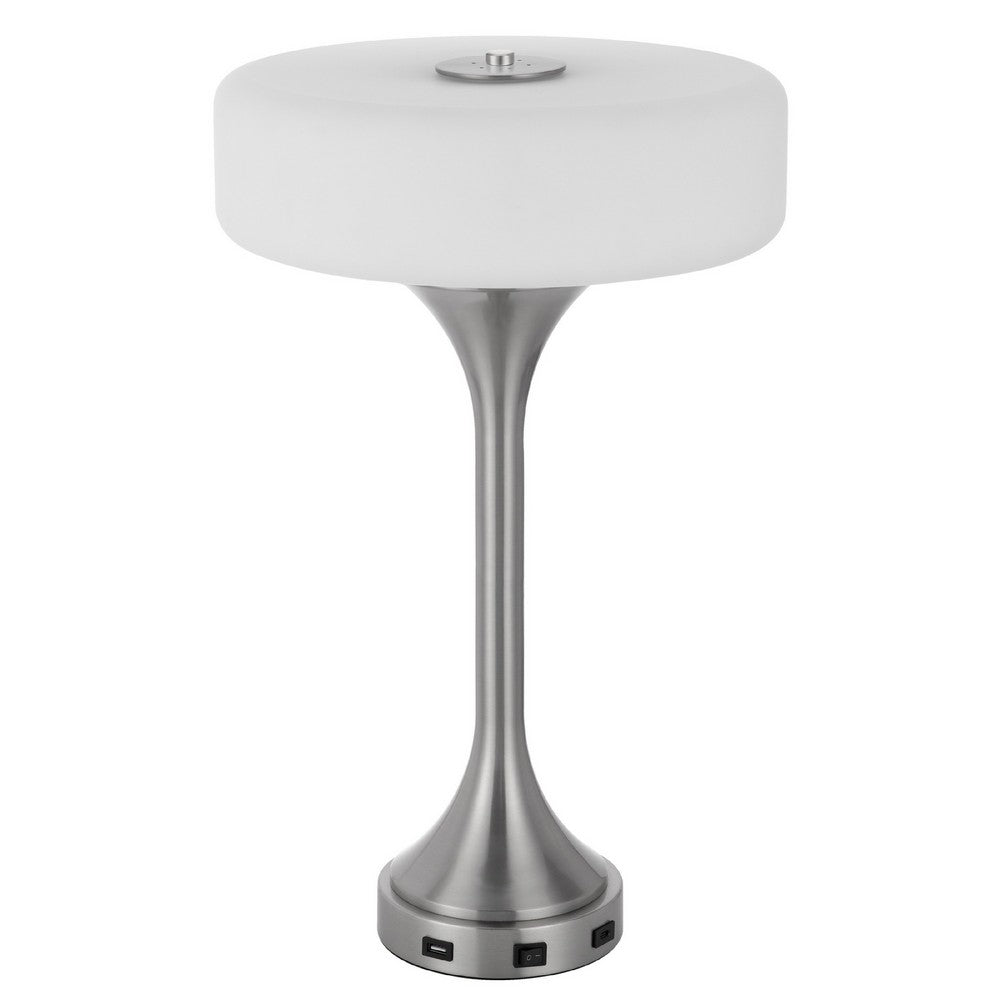 Table Lamp | USB Ports | Frosted White Glass Shade | 22" Brushed Steel