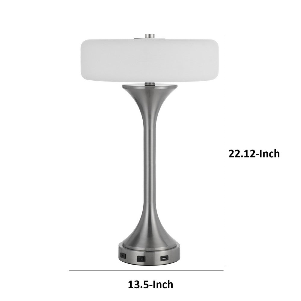 Table Lamp | USB Ports | Frosted White Glass Shade | 22" Brushed Steel