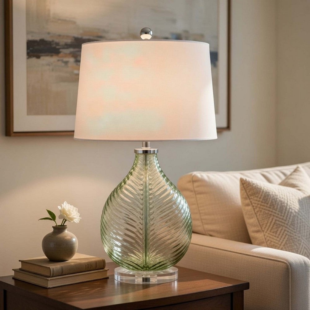 Table Lamp | White Drum Shade | 26" Lime Green Faceted Teardrop Base