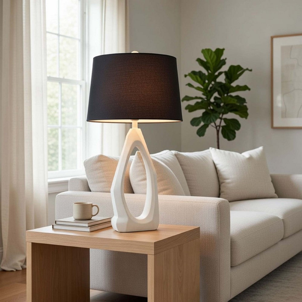 Table Lamp with Black Drum Shade | Sculpted White Resin Base | 30"