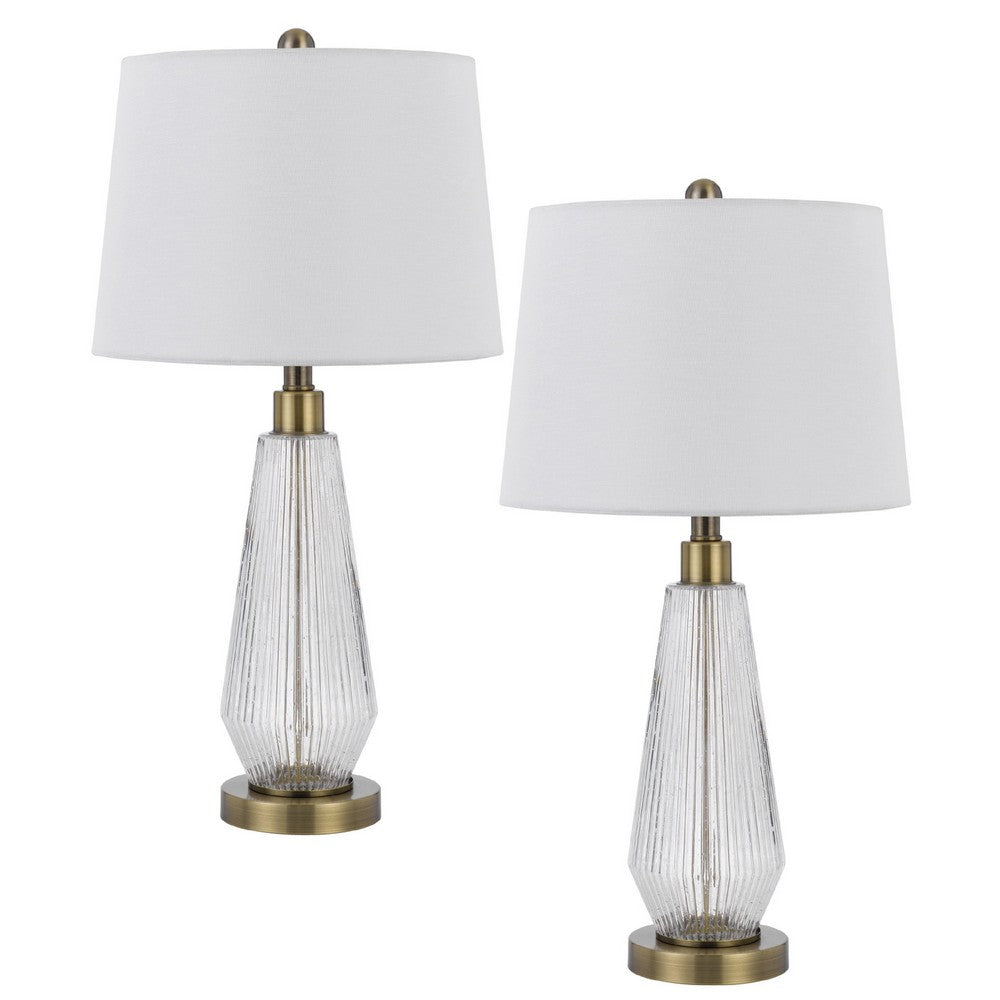 Table Lamp Set of 2 | Fluted Glass Base | Antique Brass | Off White Shade