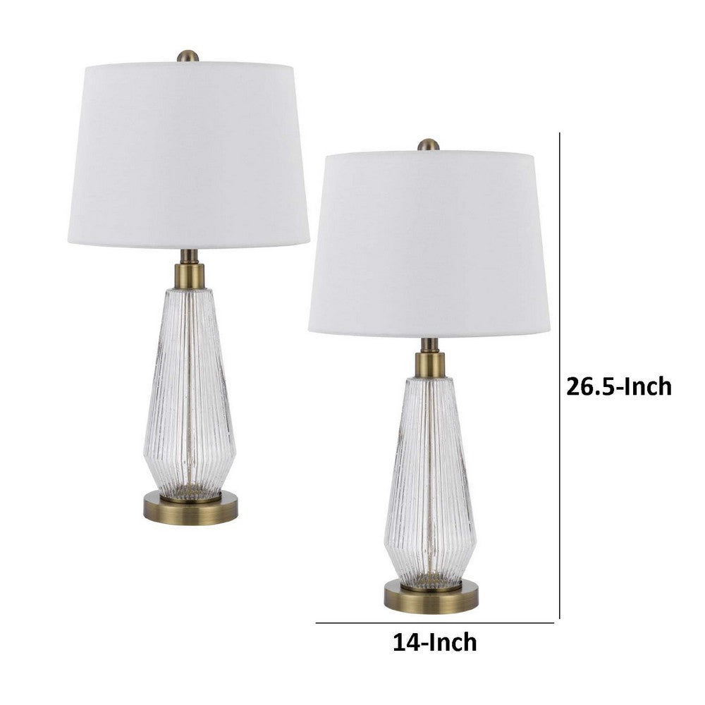 Table Lamp Set of 2 | Fluted Glass Base | Antique Brass | Off White Shade