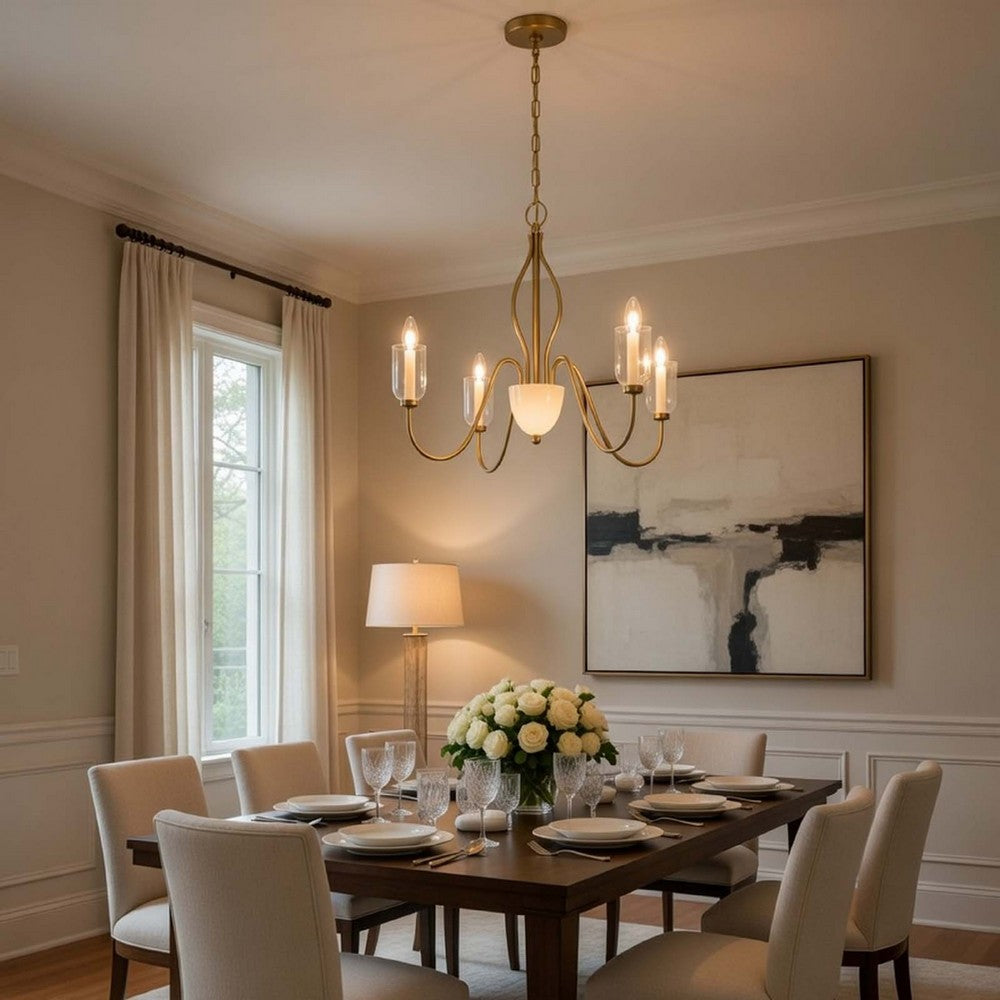5 Light Candelabra Chandelier with Glass Shades | 32" Antique Brass