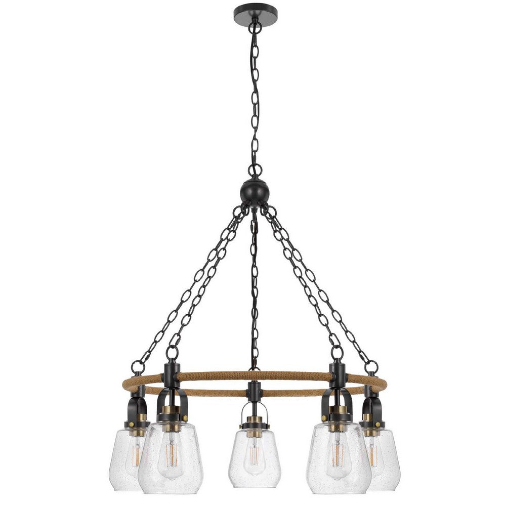 5-Light Chandelier | Burlap Accents | Glass Shades | 34" Antique Brass