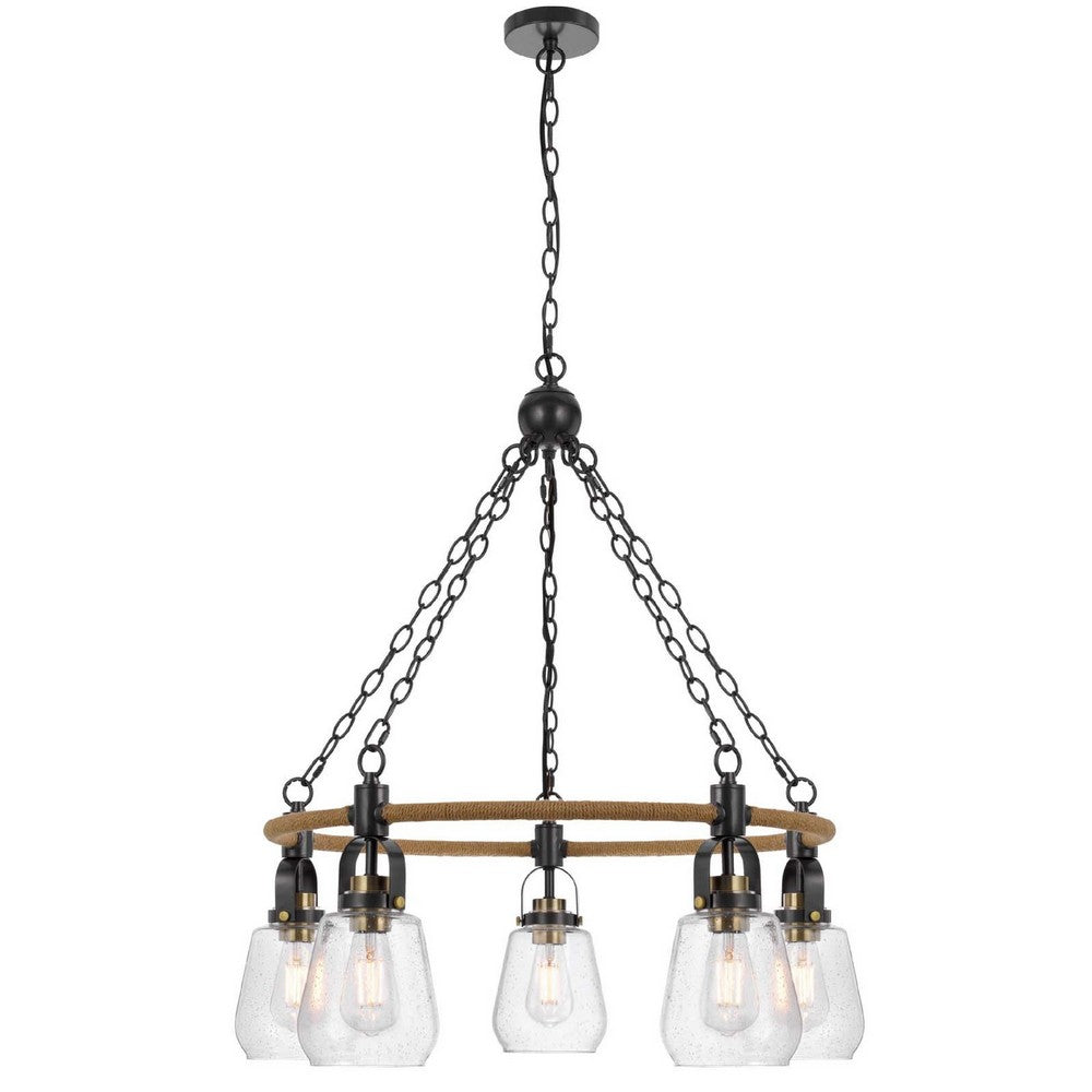 5-Light Chandelier | Burlap Accents | Glass Shades | 34" Antique Brass