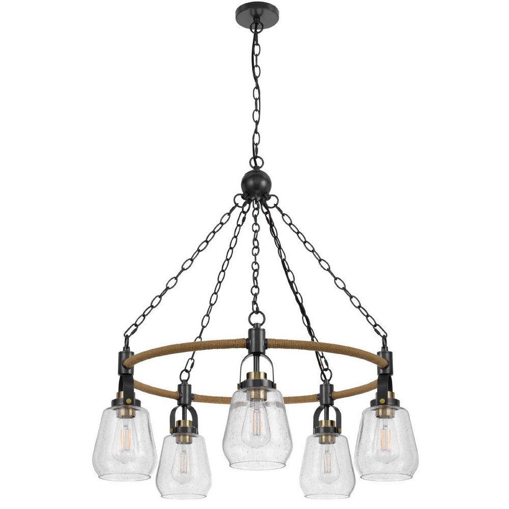 5-Light Chandelier | Burlap Accents | Glass Shades | 34" Antique Brass