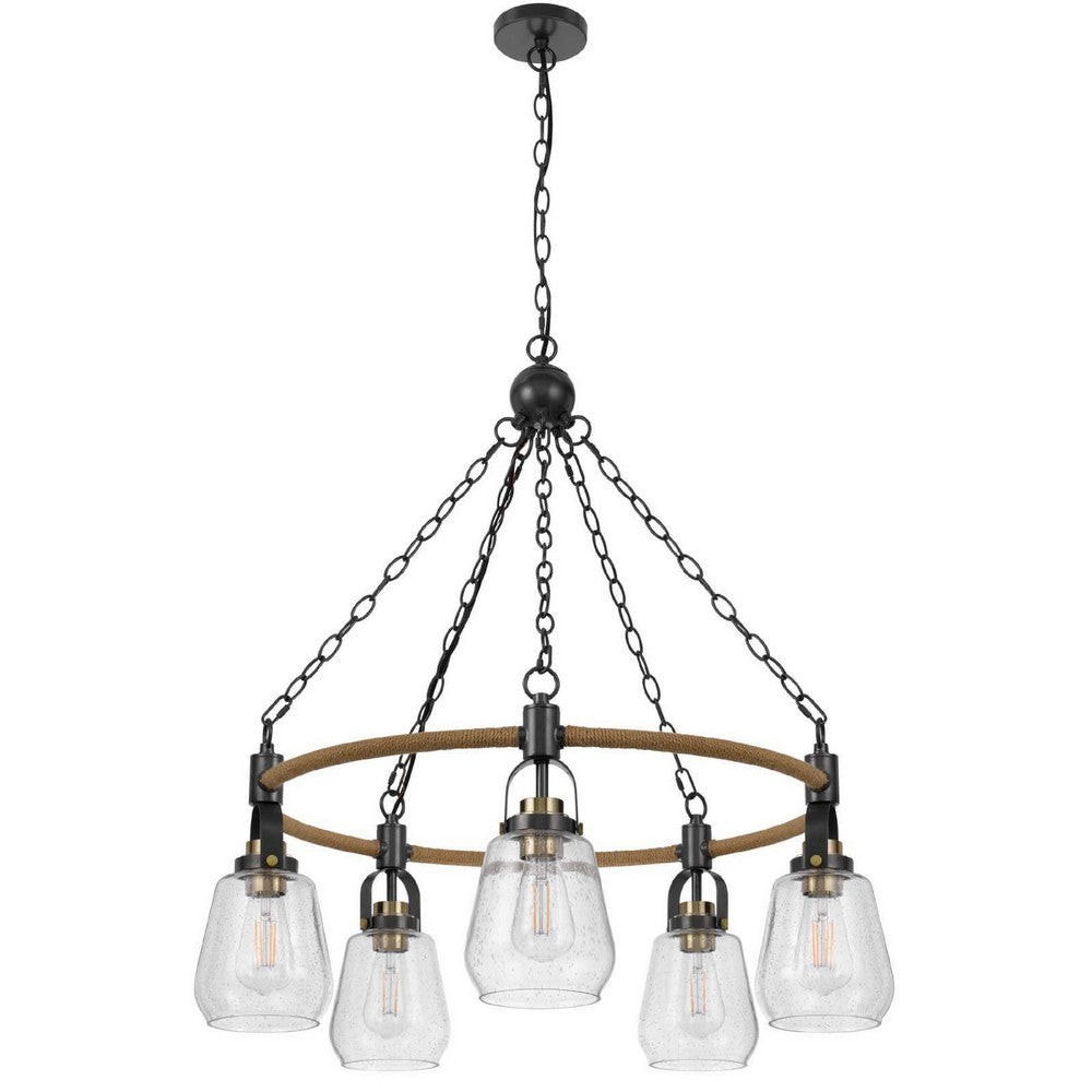 5-Light Chandelier | Burlap Accents | Glass Shades | 34" Antique Brass