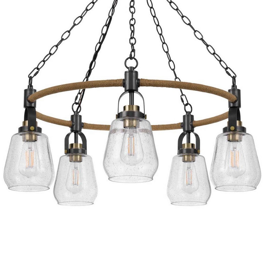 5-Light Chandelier | Burlap Accents | Glass Shades | 34" Antique Brass