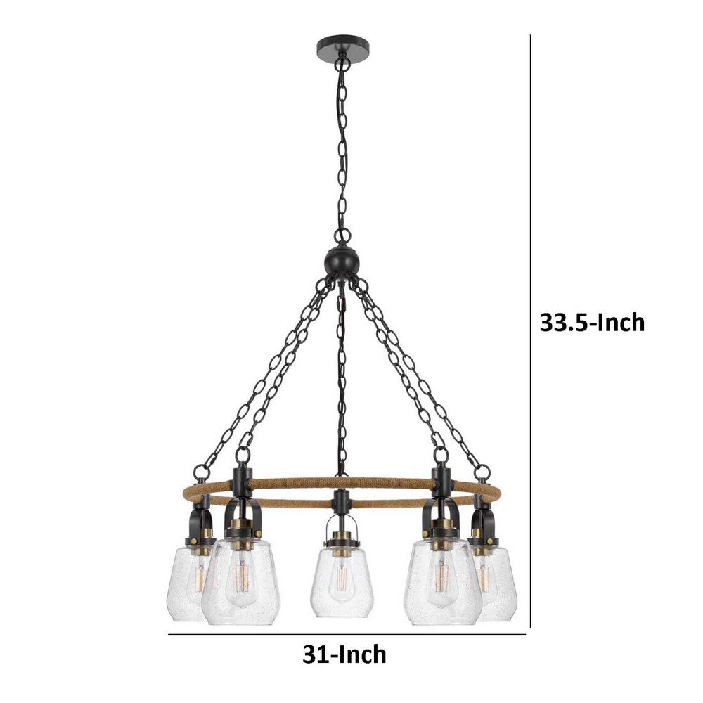 5-Light Chandelier | Burlap Accents | Glass Shades | 34" Antique Brass
