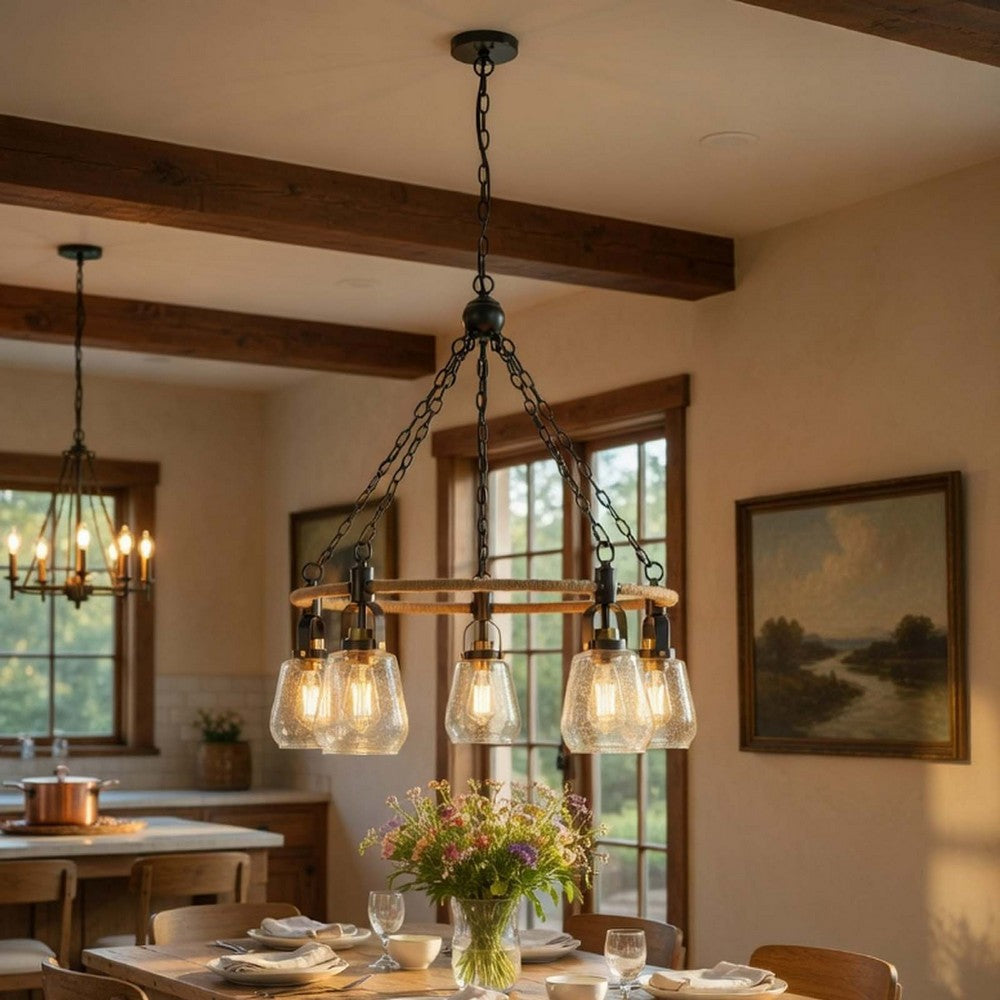 5-Light Chandelier | Burlap Accents | Glass Shades | 34" Antique Brass