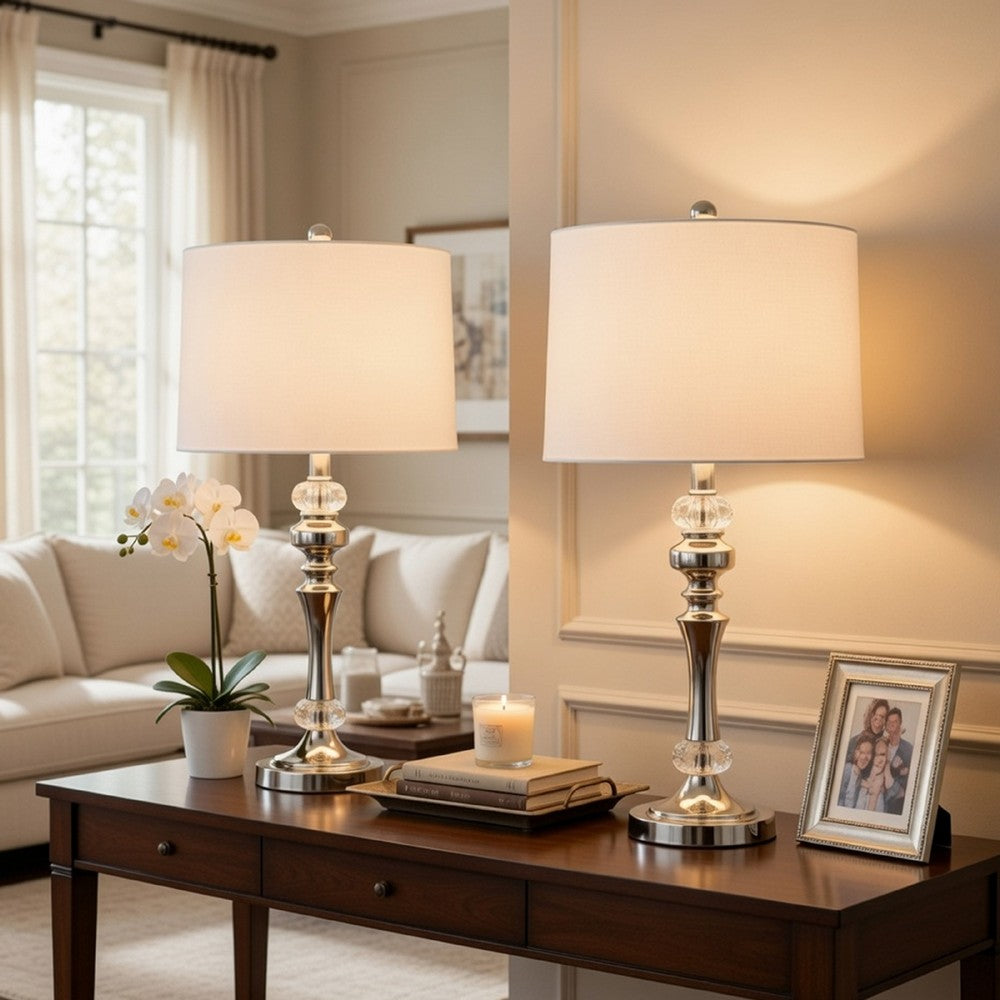 Set of 2 Table Lamps | Crystal Accent Candlestick Body | White Shade