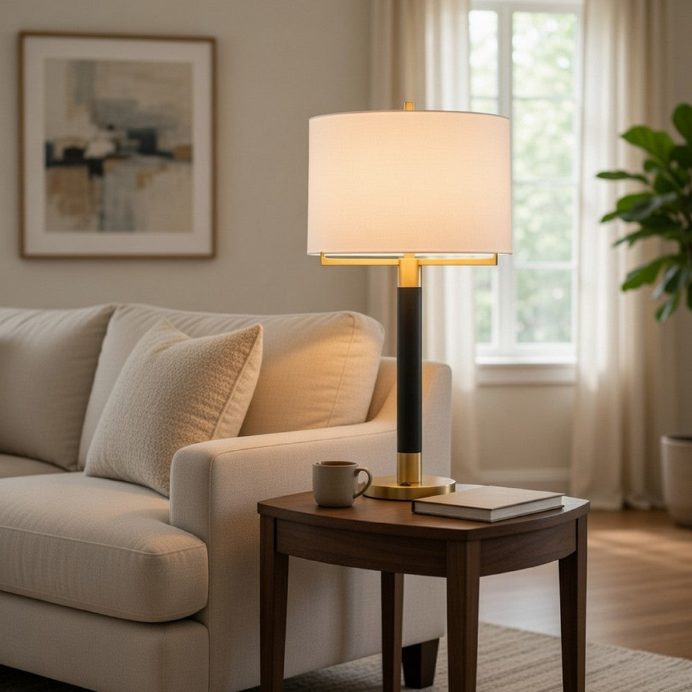 Table Lamp | Off White Drum Shade | 28" Black Body with Brass Accent