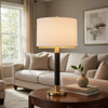 Table Lamp | Off White Drum Shade | 28" Black Body with Brass Accent