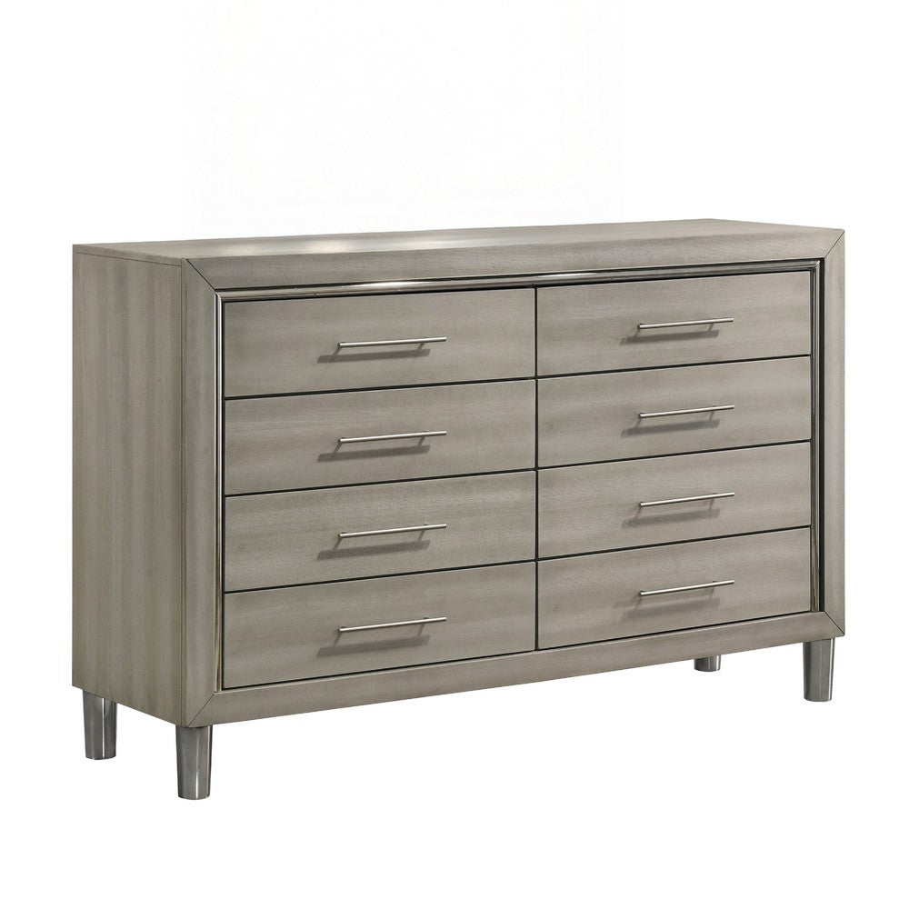 Levy 64" Wide Dresser | 8 Drawers | Silver Trim | Ash Gray Laminate Wood