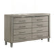 Levy 64" Wide Dresser | 8 Drawers | Silver Trim | Ash Gray Laminate Wood