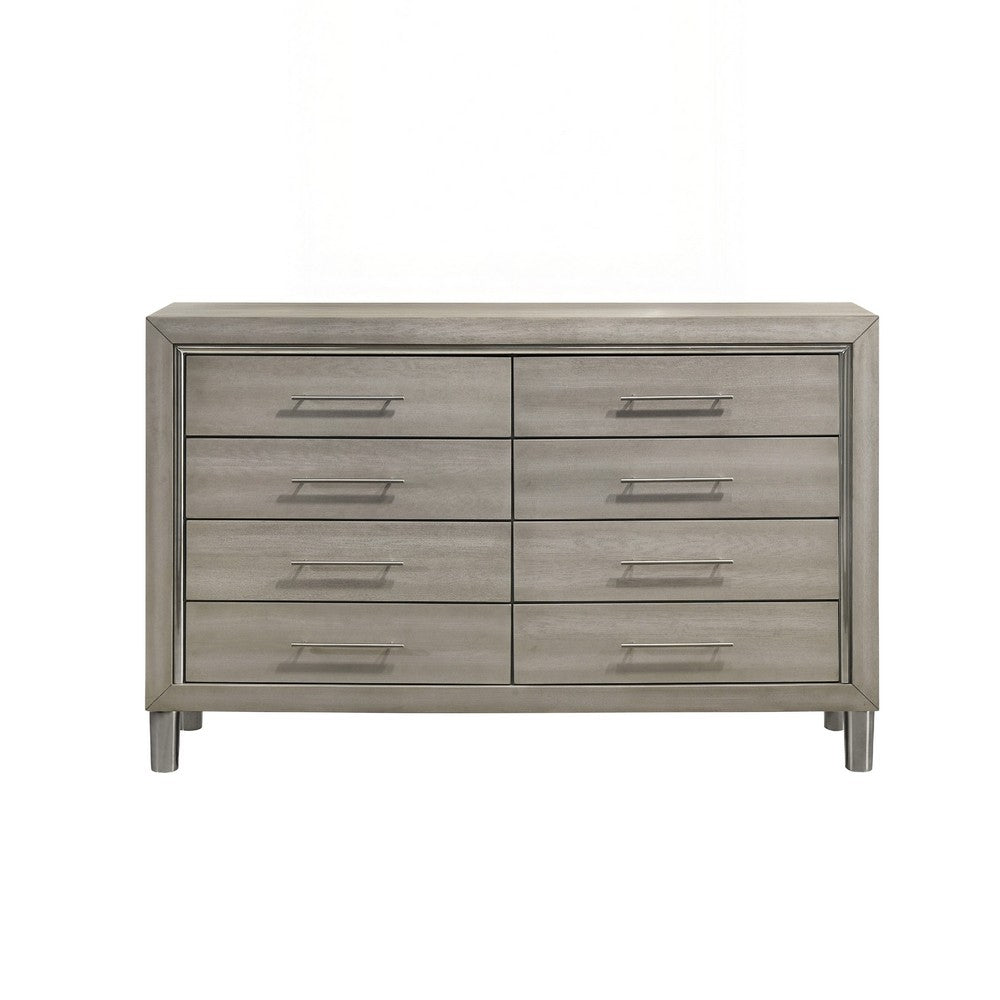 Levy 64" Wide Dresser | 8 Drawers | Silver Trim | Ash Gray Laminate Wood