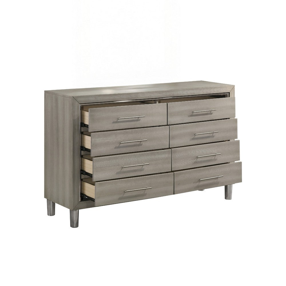 Levy 64" Wide Dresser | 8 Drawers | Silver Trim | Ash Gray Laminate Wood