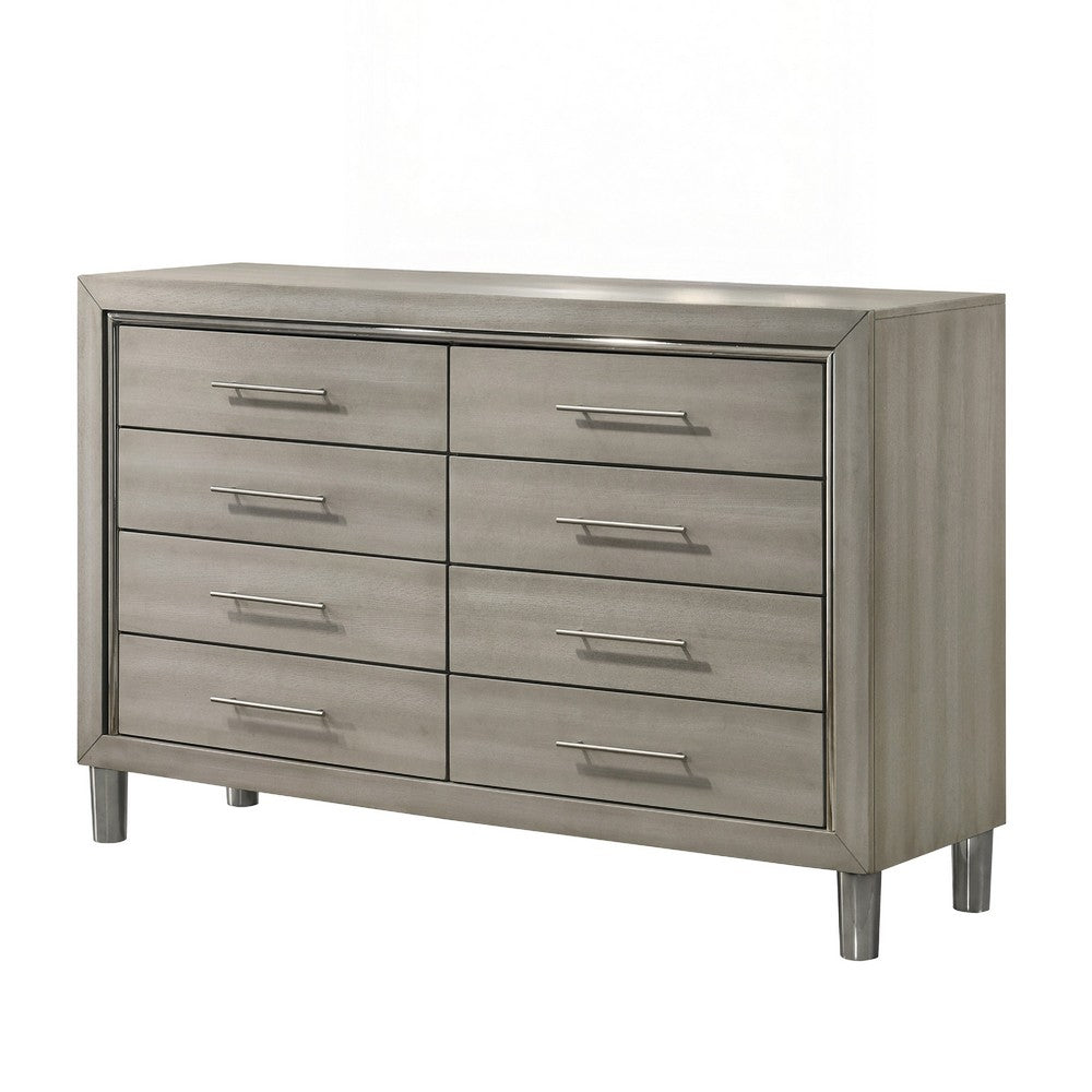 Levy 64" Wide Dresser | 8 Drawers | Silver Trim | Ash Gray Laminate Wood