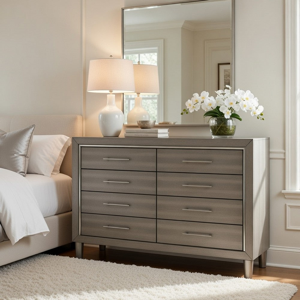 Levy 64" Wide Dresser | 8 Drawers | Silver Trim | Ash Gray Laminate Wood