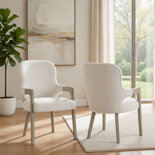 Lyne Dining Armchair Set of 2 | Rounded Back | Ivory Fabric | Cerused Taupe