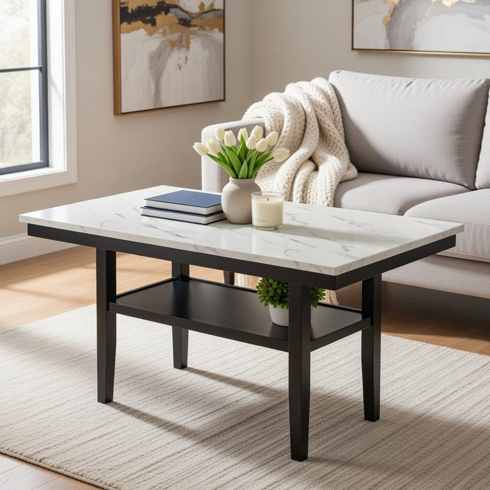 Risa Dining Table with Storage Shelf | 60" Faux Marble Top | Espresso Wood