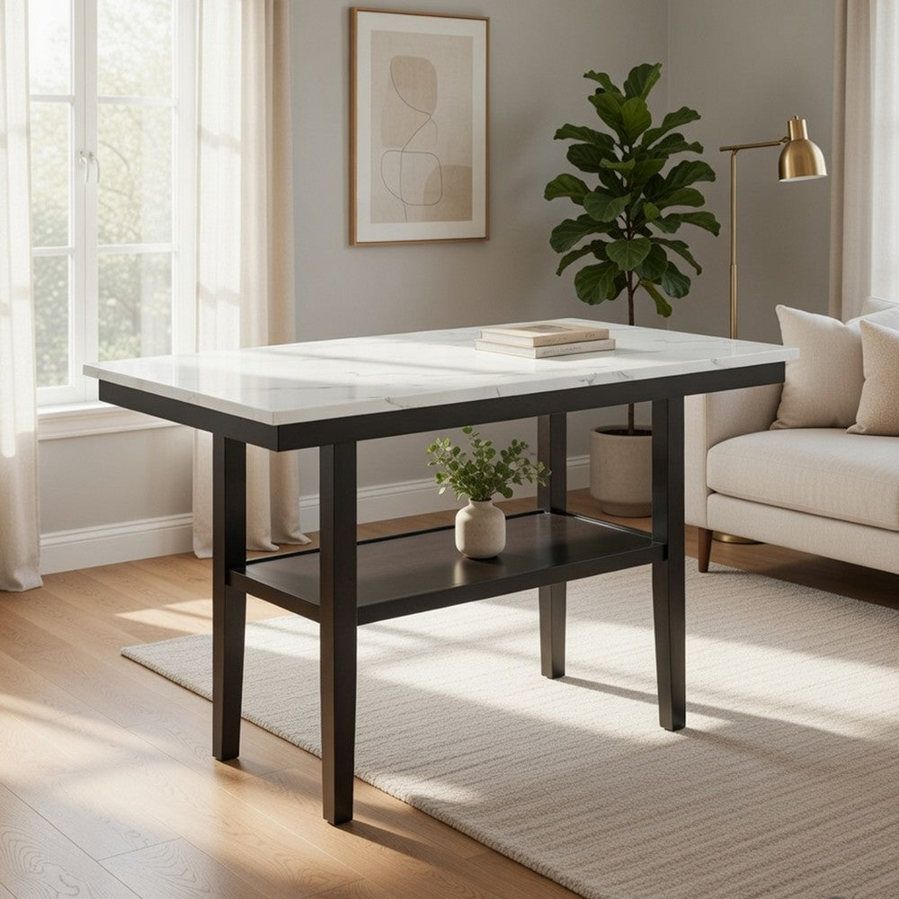 Risa Counter Height Table with Shelf | 60" Faux Marble Top | Espresso Wood