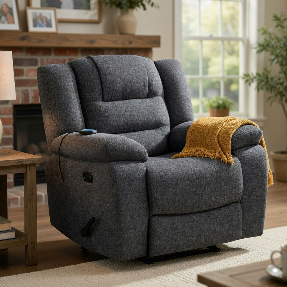 Reno Power Glider Recliner Chair with Heat & Massage | Dark Gray Polyester