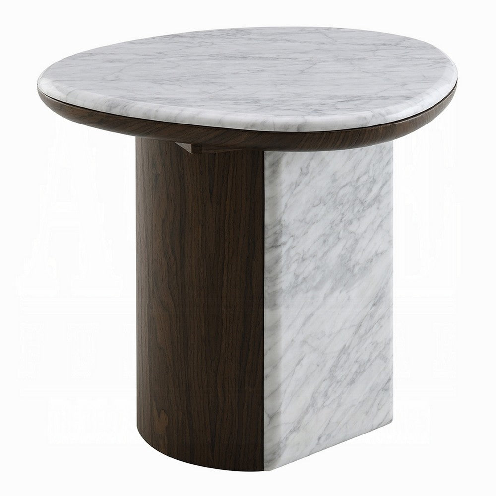 Jima Side End Table | 20" White Marble Top | Dark Brown Veneer Base