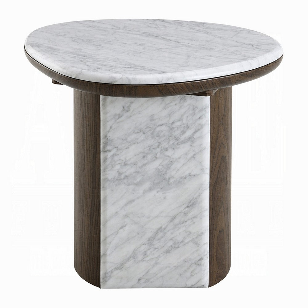 Jima Side End Table | 20" White Marble Top | Dark Brown Veneer Base