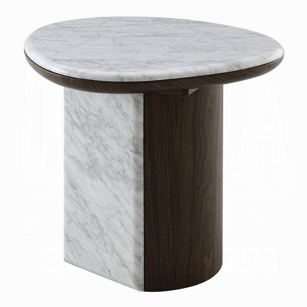 Jima Side End Table | 20" White Marble Top | Dark Brown Veneer Base