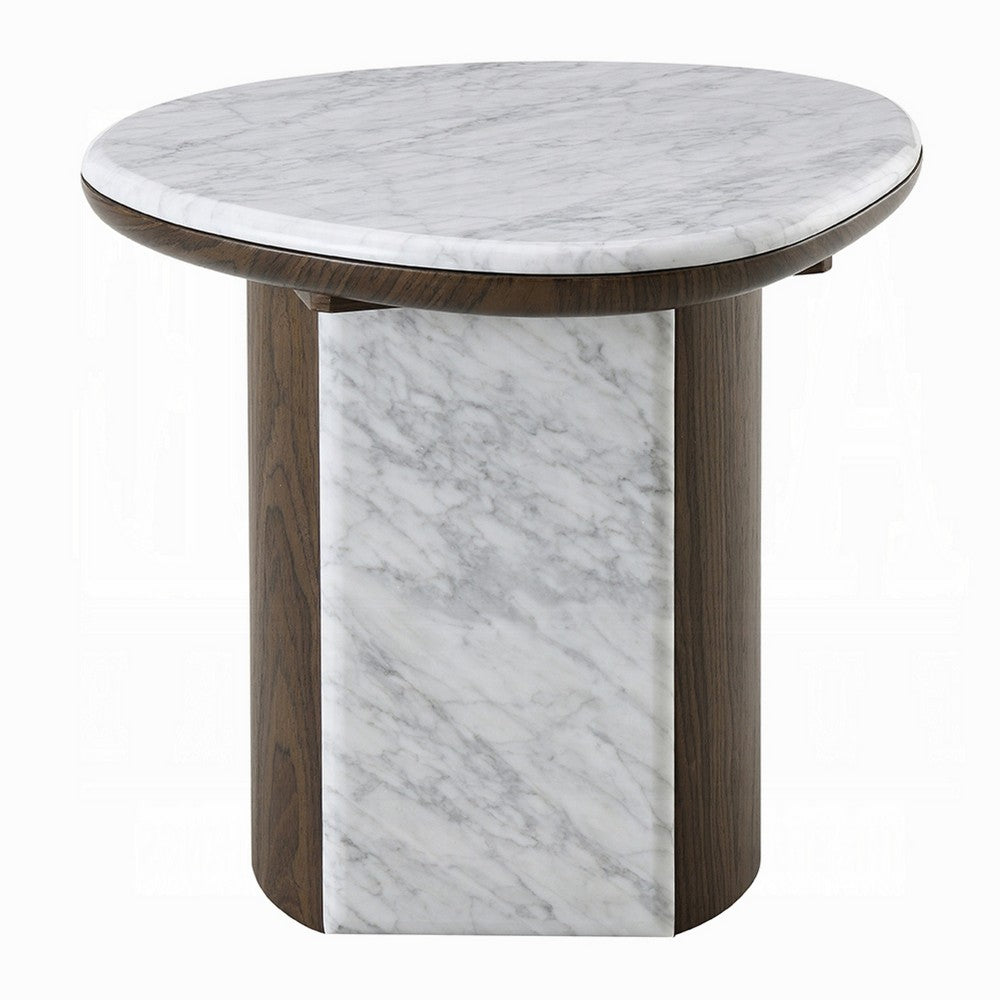 Jima Side End Table | 20" White Marble Top | Dark Brown Veneer Base