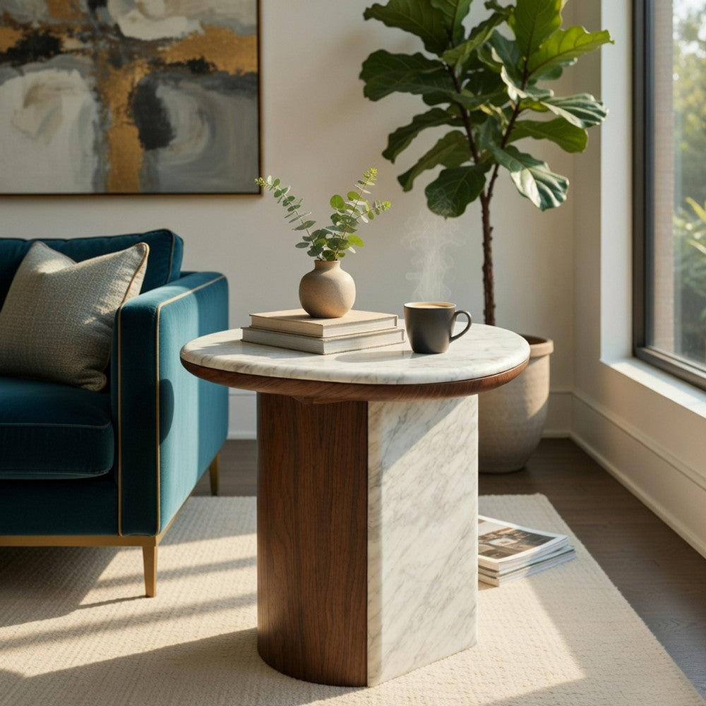 Jima Side End Table | 20" White Marble Top | Dark Brown Veneer Base