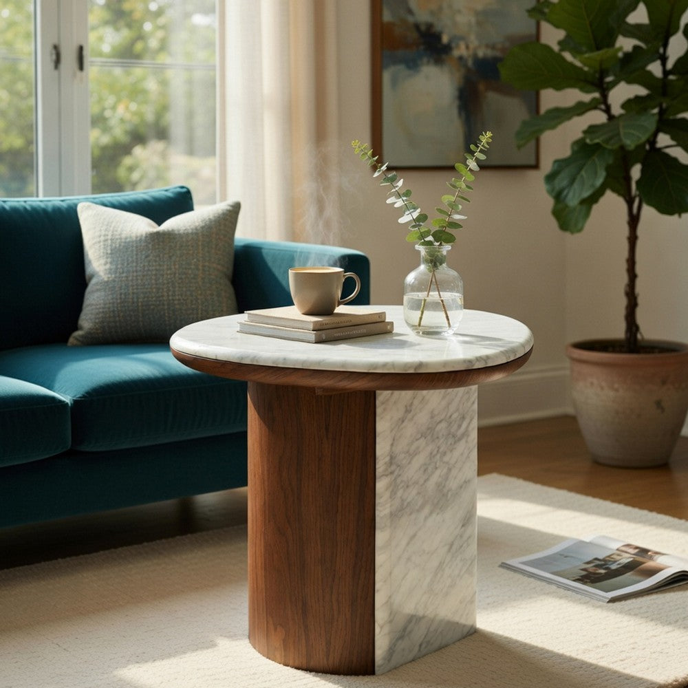 Jima Side End Table | 20" White Marble Top | Dark Brown Veneer Base
