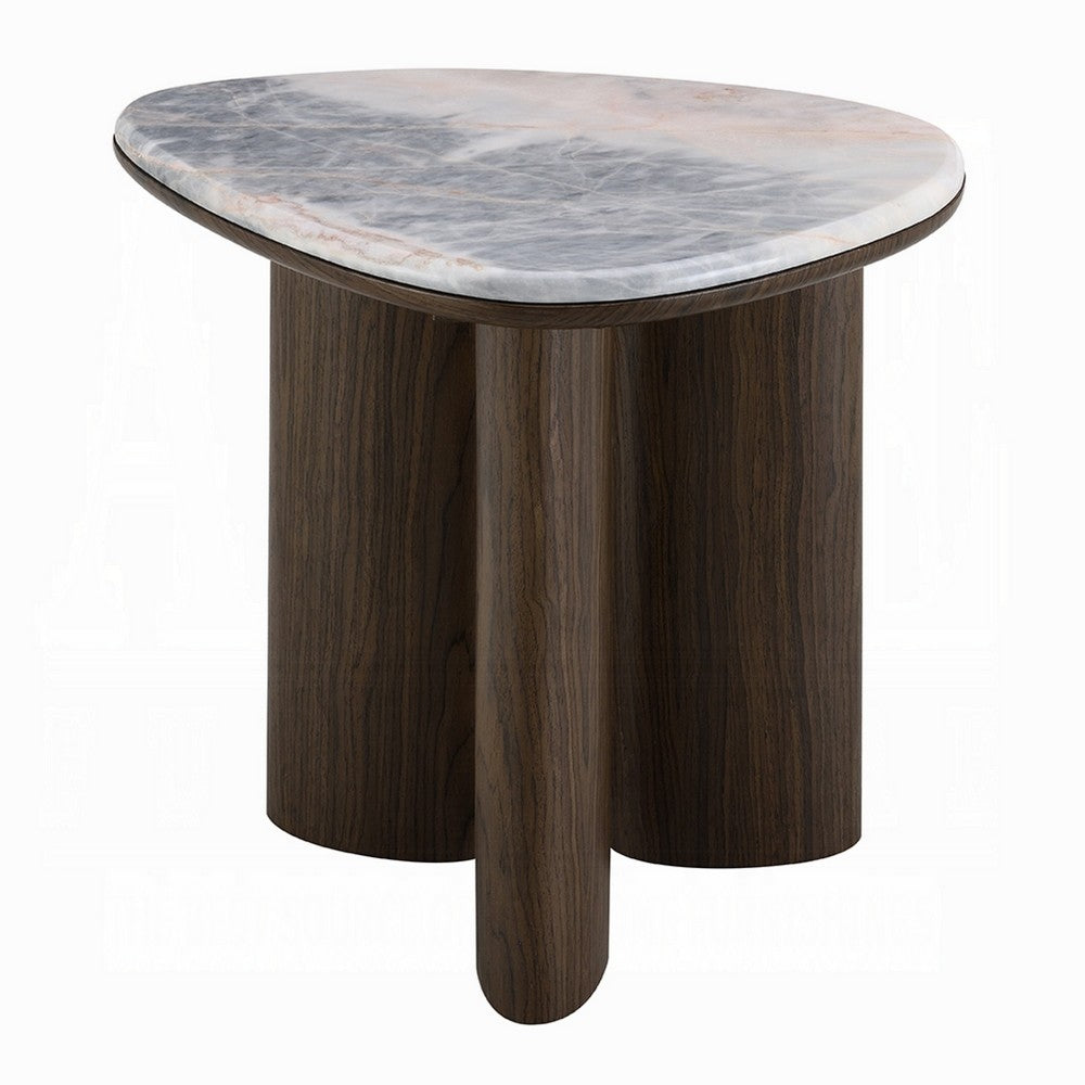 Sima Side End Table | 22" White Marble Top with 3 Leg | Brown Wood